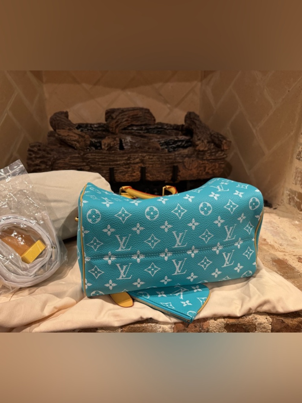 Turquoise Monogram Speedy-Style Tote with Tan Trim and wallet - Picture 2 of 5